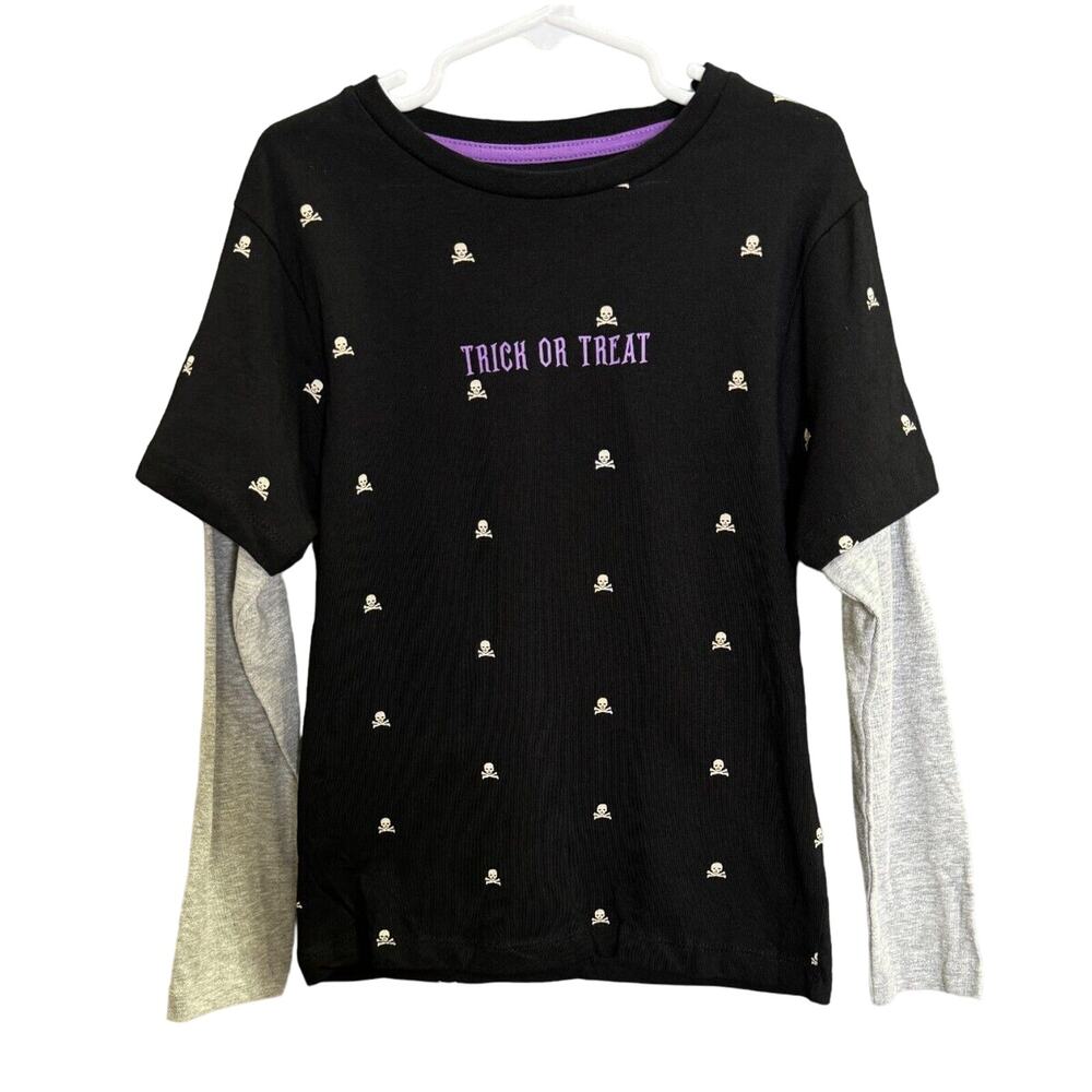 Kids Halloween Trick or Treat Shirt Skeleton Graphic Black Long Sleeve‎ Size 5/6